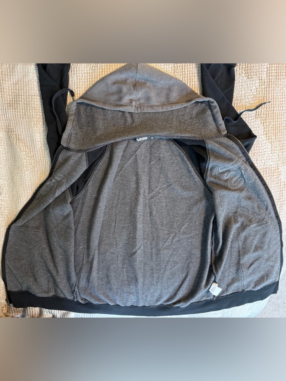 Vans Full Zip Hoodie Mens L Gray Black Logo Waffle Thermal Streetwear 🛹 - Picture 7 of 16